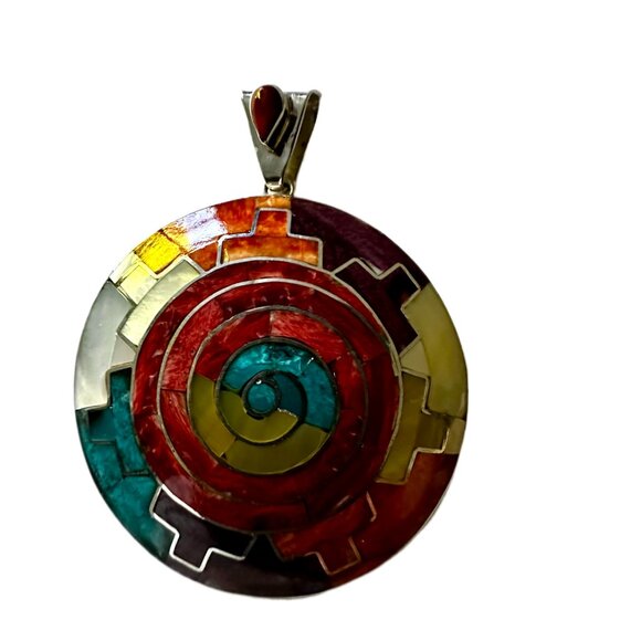 Peruvian 950 Sterling Silver Mosaic Pendant 2” | Turquoise Mother of Pearl Inlay - Picture 6 of 13